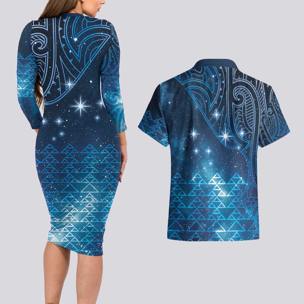 New Zealand Matariki Couples Matching Long Sleeve Bodycon Dress and Hawaiian Shirt Taniko Aramoana With Maori Galaxy Sky Night