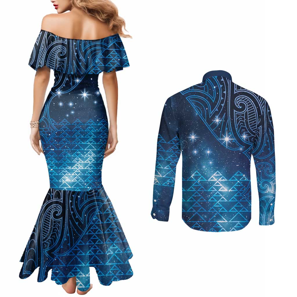 New Zealand Matariki Couples Matching Mermaid Dress and Long Sleeve Button Shirt Taniko Aramoana With Maori Galaxy Sky Night