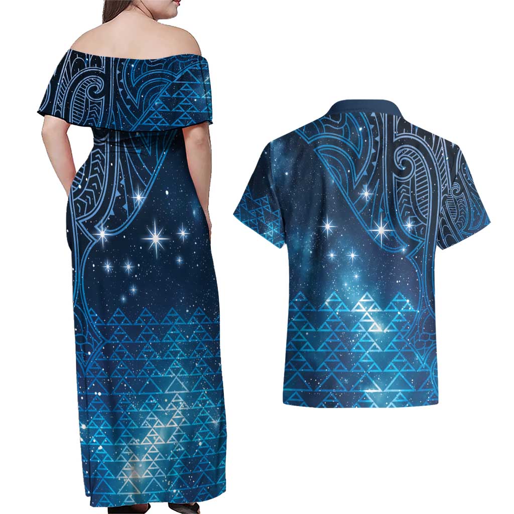 New Zealand Matariki Couples Matching Off Shoulder Maxi Dress and Hawaiian Shirt Taniko Aramoana With Maori Galaxy Sky Night