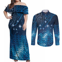 New Zealand Matariki Couples Matching Off Shoulder Maxi Dress and Long Sleeve Button Shirt Taniko Aramoana With Maori Galaxy Sky Night