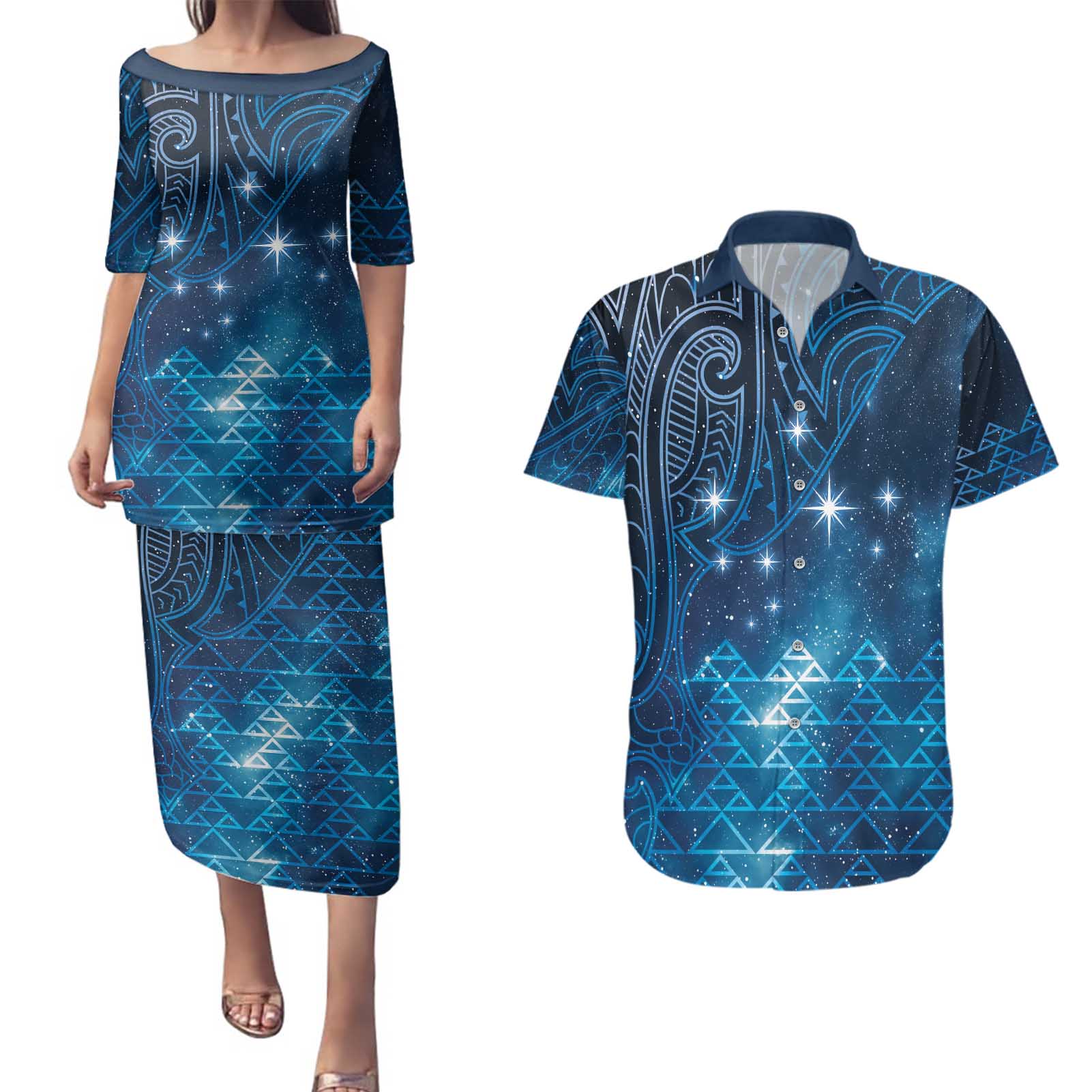 New Zealand Matariki Couples Matching Puletasi and Hawaiian Shirt Taniko Aramoana With Maori Galaxy Sky Night