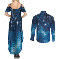 New Zealand Matariki Couples Matching Summer Maxi Dress and Long Sleeve Button Shirt Taniko Aramoana With Maori Galaxy Sky Night