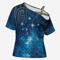 New Zealand Matariki Cross Shoulder Shirt Taniko Aramoana With Maori Galaxy Sky Night - Polynesian Pride