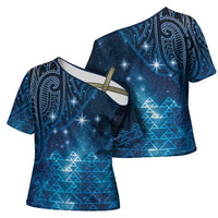 New Zealand Matariki Cross Shoulder Shirt Taniko Aramoana With Maori Galaxy Sky Night - Polynesian Pride