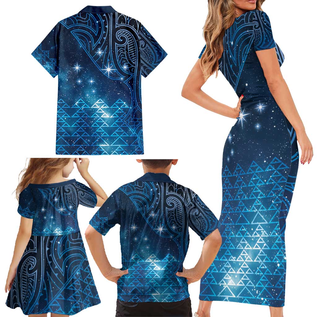 New Zealand Matariki Family Matching Short Sleeve Bodycon Dress and Hawaiian Shirt Taniko Aramoana With Maori Galaxy Sky Night