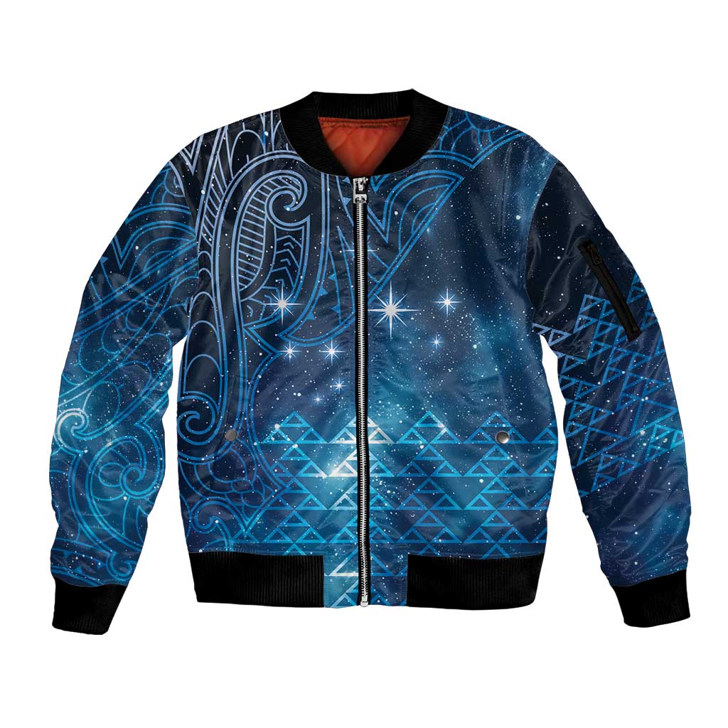 New Zealand Matariki Sleeve Zip Bomber Jacket Taniko Aramoana With Maori Galaxy Sky Night LT9 Unisex Galaxy - Polynesian Pride