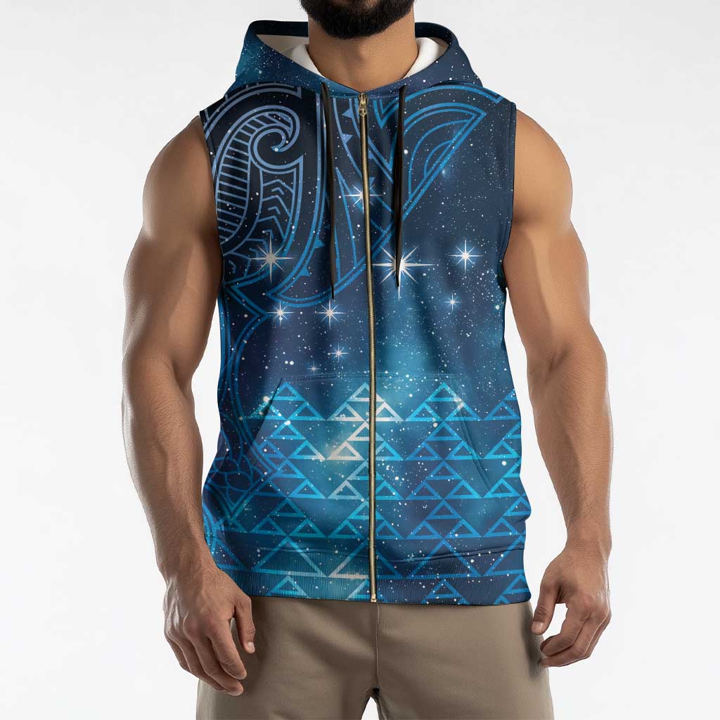 New Zealand Matariki Sleeveless Zip Hoodie Taniko Aramoana With Maori Galaxy Sky Night - Polynesian Pride