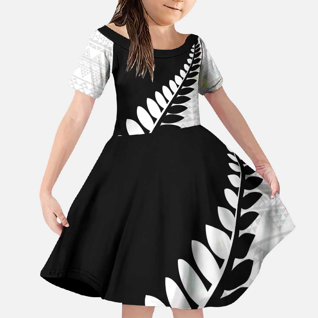 New Zealand Silver Fern Niho Taniwha Family Matching Long Sleeve Bodycon Dress and Hawaiian Shirt LT9 Daughter's Dress Black - Polynesian Pride
