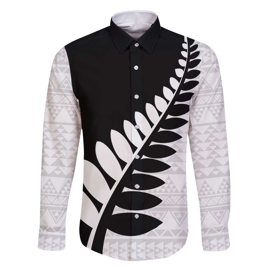 New Zealand Silver Fern Niho Taniwha Family Matching Long Sleeve Bodycon Dress and Hawaiian Shirt LT9 Dad's Shirt - Long Sleeve Black - Polynesian Pride