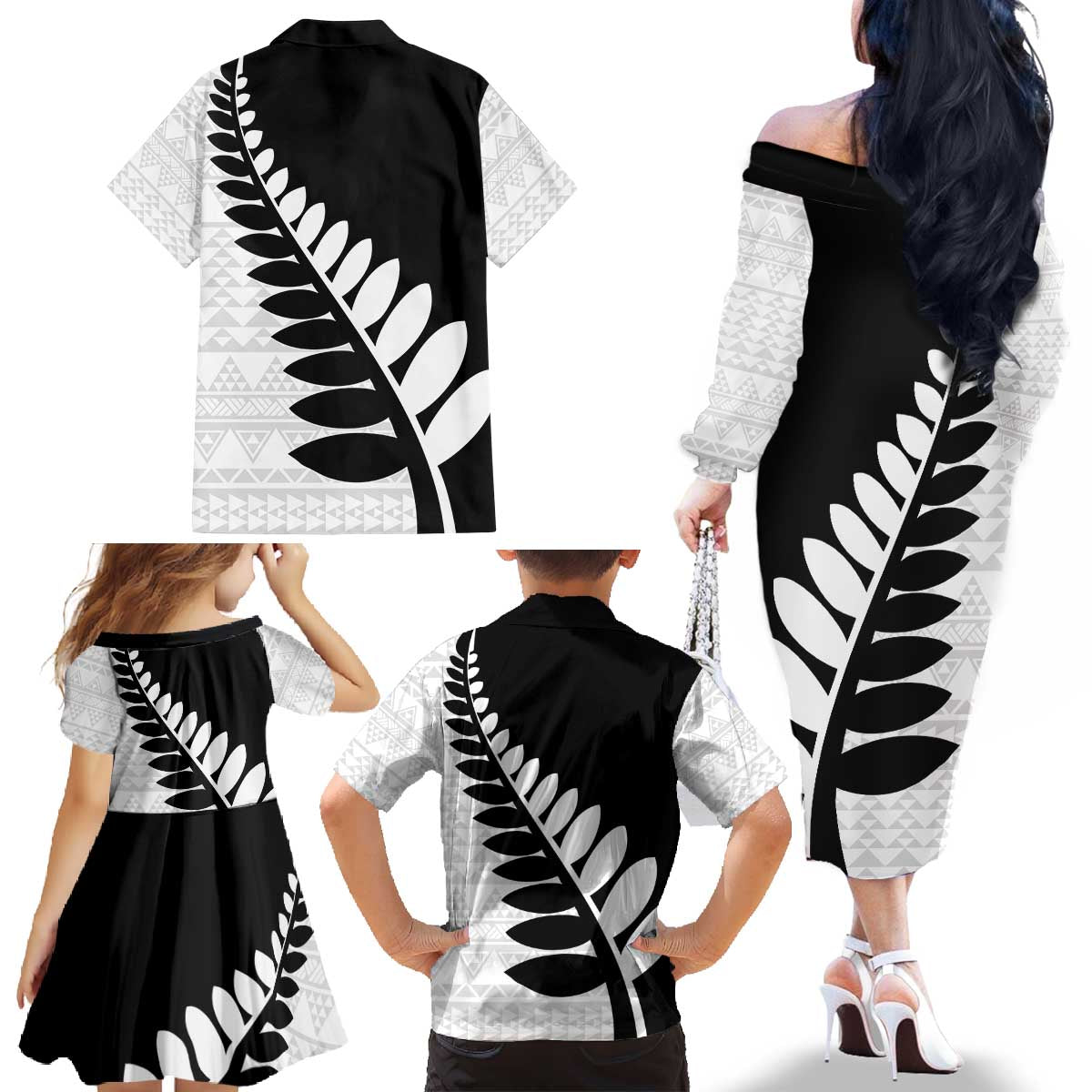 New Zealand Silver Fern Niho Taniwha Family Matching Off The Shoulder Long Sleeve Dress and Hawaiian Shirt