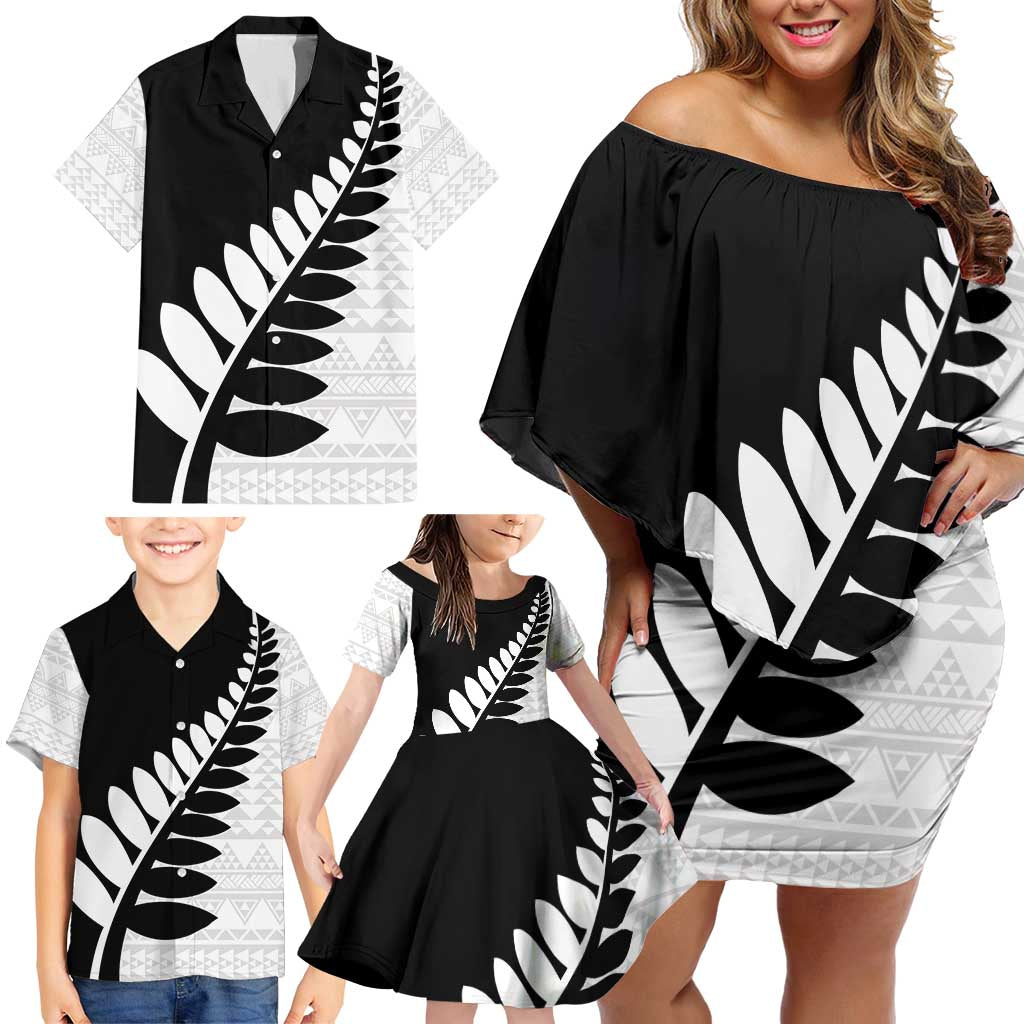 New Zealand Silver Fern Niho Taniwha Family Matching Off Shoulder Short Dress and Hawaiian Shirt