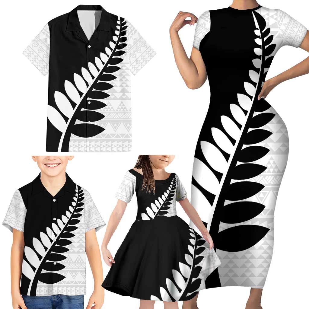 New Zealand Silver Fern Niho Taniwha Family Matching Short Sleeve Bodycon Dress and Hawaiian Shirt