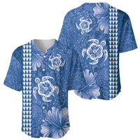 Blue Hibiscus Turle Baseball Jersey Hawaiian Style Tribal Tapa Pattern