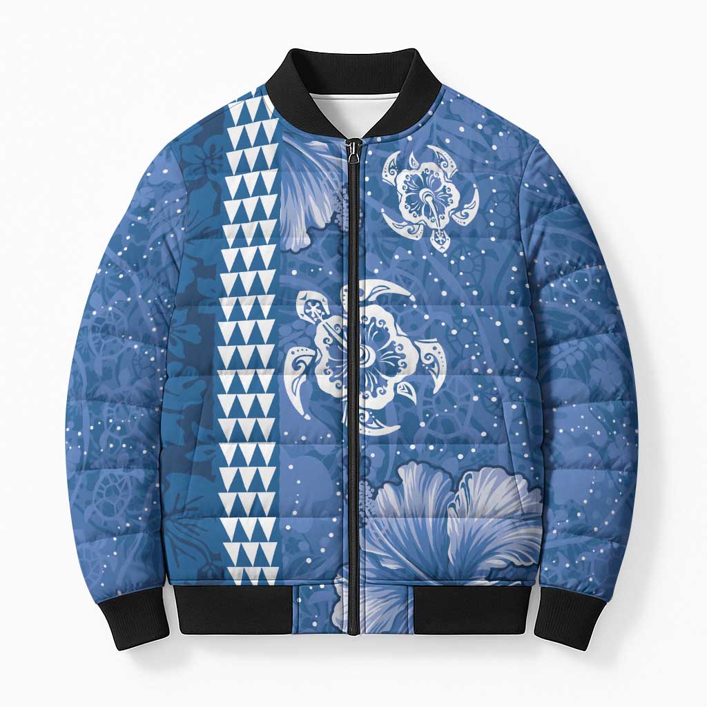 Blue Hibiscus Turle Bomber Puffer Jacket Hawaiian Style Tribal Tapa Pattern - Polynesian Pride