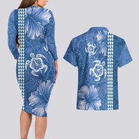 Blue Hibiscus Turle Couples Matching Long Sleeve Bodycon Dress and Hawaiian Shirt Hawaiian Style Tribal Tapa Pattern
