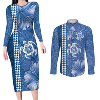 Blue Hibiscus Turle Couples Matching Long Sleeve Bodycon Dress and Long Sleeve Button Shirt Hawaiian Style Tribal Tapa Pattern