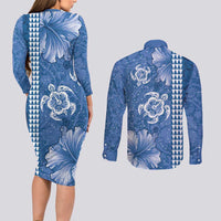 Blue Hibiscus Turle Couples Matching Long Sleeve Bodycon Dress and Long Sleeve Button Shirt Hawaiian Style Tribal Tapa Pattern