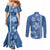 Blue Hibiscus Turle Couples Matching Mermaid Dress and Long Sleeve Button Shirt Hawaiian Style Tribal Tapa Pattern
