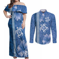 Blue Hibiscus Turle Couples Matching Off Shoulder Maxi Dress and Long Sleeve Button Shirt Hawaiian Style Tribal Tapa Pattern LT9 Blue - Polynesian Pride