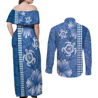 Blue Hibiscus Turle Couples Matching Off Shoulder Maxi Dress and Long Sleeve Button Shirt Hawaiian Style Tribal Tapa Pattern LT9 - Polynesian Pride