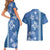 Blue Hibiscus Turle Couples Matching Short Sleeve Bodycon Dress and Hawaiian Shirt Hawaiian Style Tribal Tapa Pattern