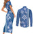 Blue Hibiscus Turle Couples Matching Short Sleeve Bodycon Dress and Long Sleeve Button Shirt Hawaiian Style Tribal Tapa Pattern