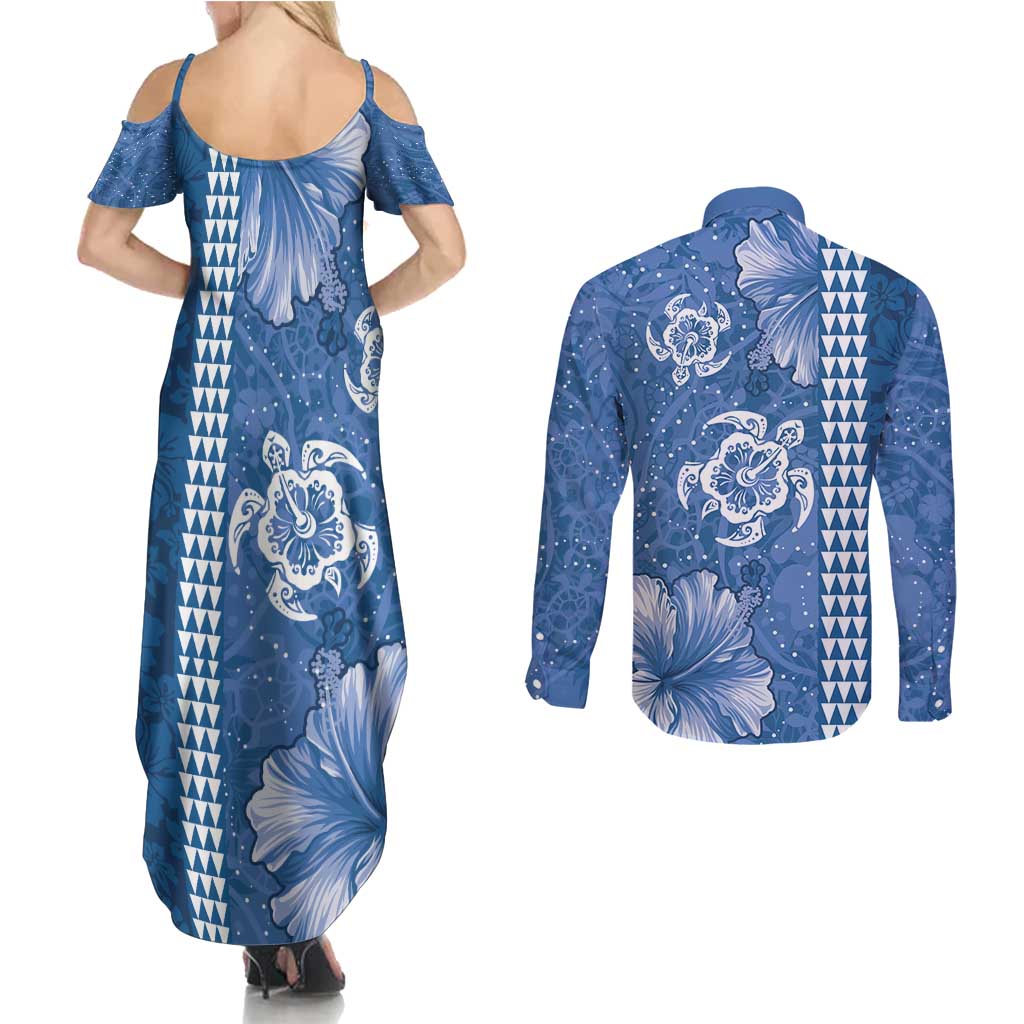 Blue Hibiscus Turle Couples Matching Summer Maxi Dress and Long Sleeve Button Shirt Hawaiian Style Tribal Tapa Pattern LT9 - Polynesian Pride