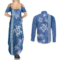 Blue Hibiscus Turle Couples Matching Summer Maxi Dress and Long Sleeve Button Shirt Hawaiian Style Tribal Tapa Pattern LT9 - Polynesian Pride
