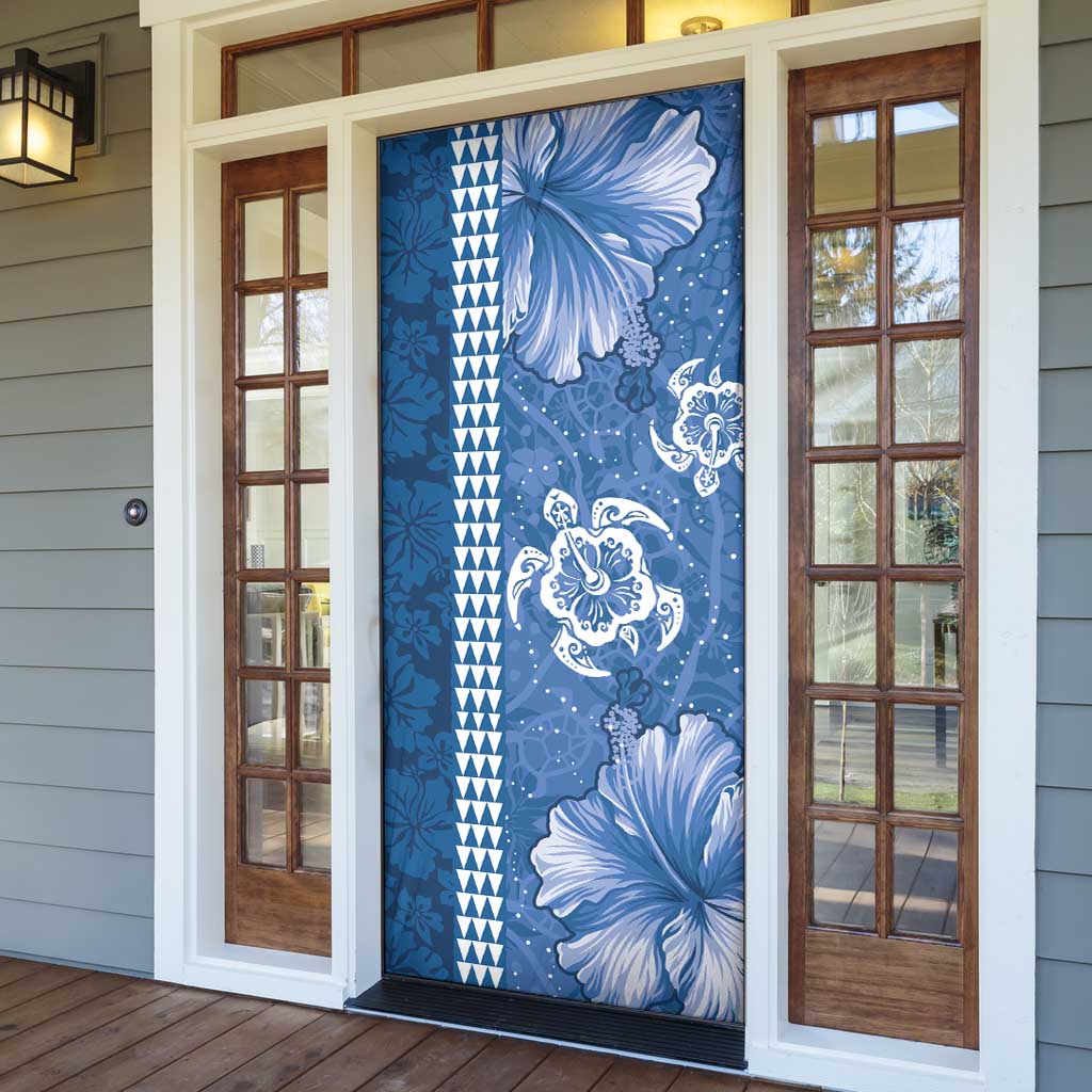 Blue Hibiscus Turle Door Cover Hawaiian Style Tribal Tapa Pattern - Polynesian Pride