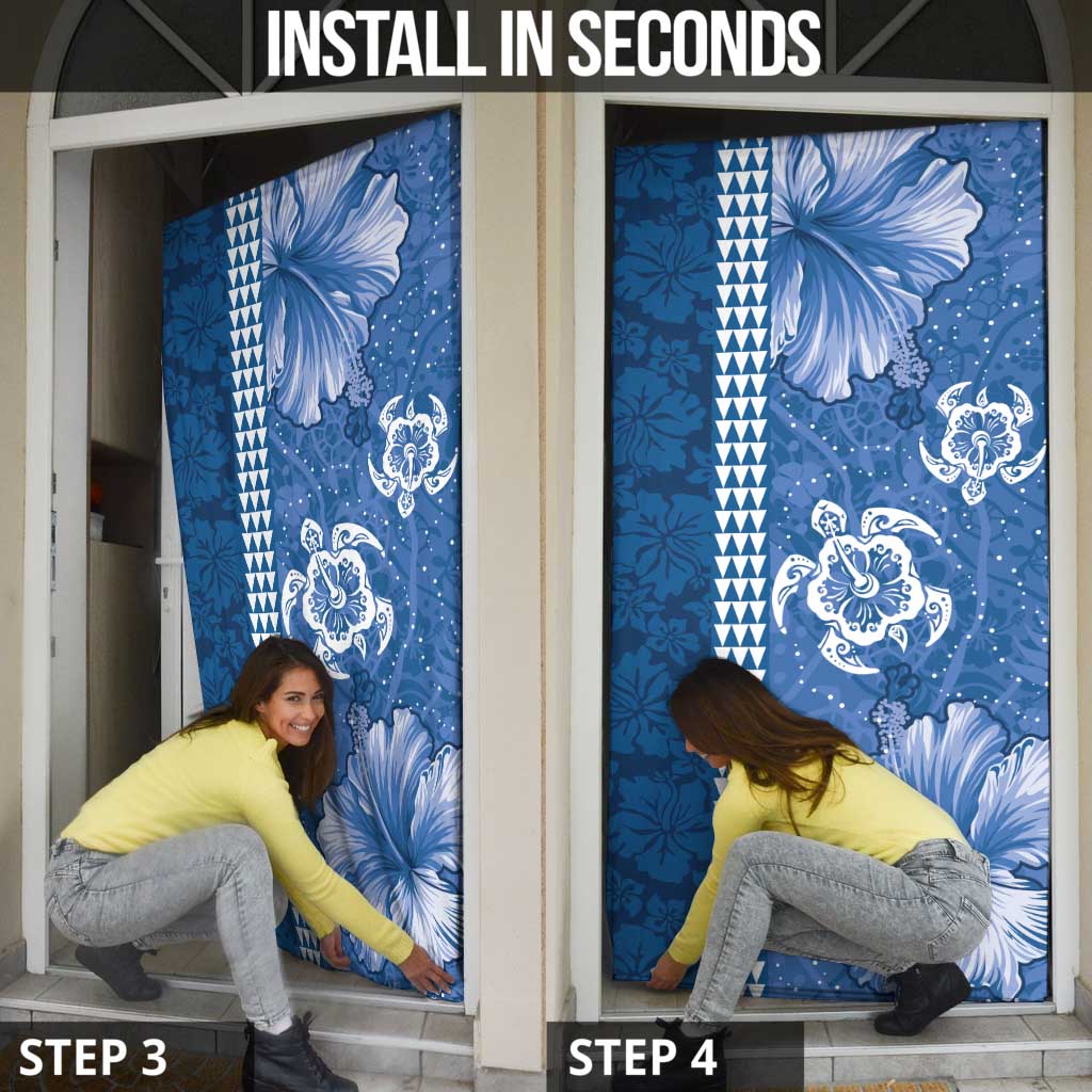 Blue Hibiscus Turle Door Cover Hawaiian Style Tribal Tapa Pattern - Polynesian Pride