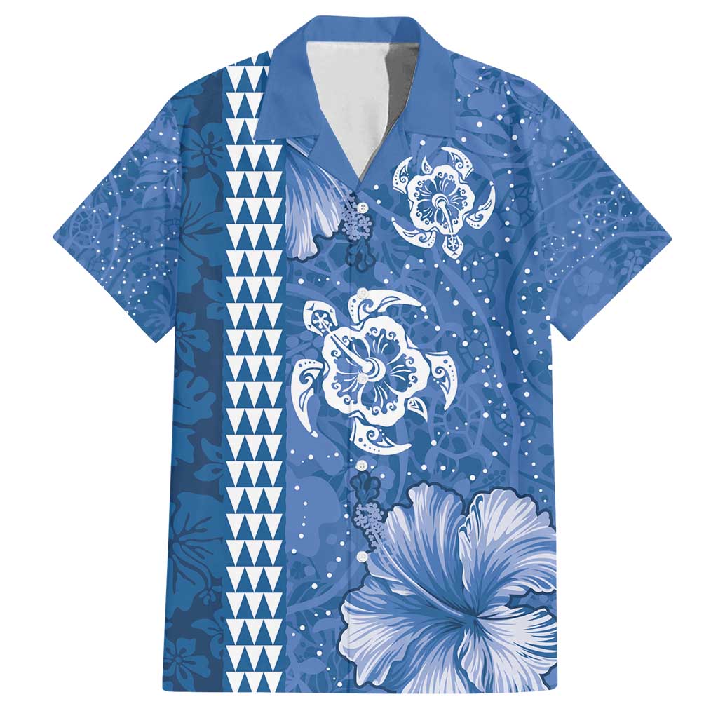 Blue Hibiscus Turle Family Matching Long Sleeve Bodycon Dress and Hawaiian Shirt Hawaiian Style Tribal Tapa Pattern