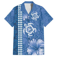 Blue Hibiscus Turle Family Matching Long Sleeve Bodycon Dress and Hawaiian Shirt Hawaiian Style Tribal Tapa Pattern