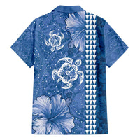 Blue Hibiscus Turle Family Matching Long Sleeve Bodycon Dress and Hawaiian Shirt Hawaiian Style Tribal Tapa Pattern