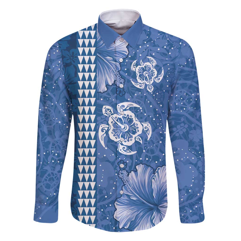 Blue Hibiscus Turle Family Matching Long Sleeve Bodycon Dress and Hawaiian Shirt Hawaiian Style Tribal Tapa Pattern