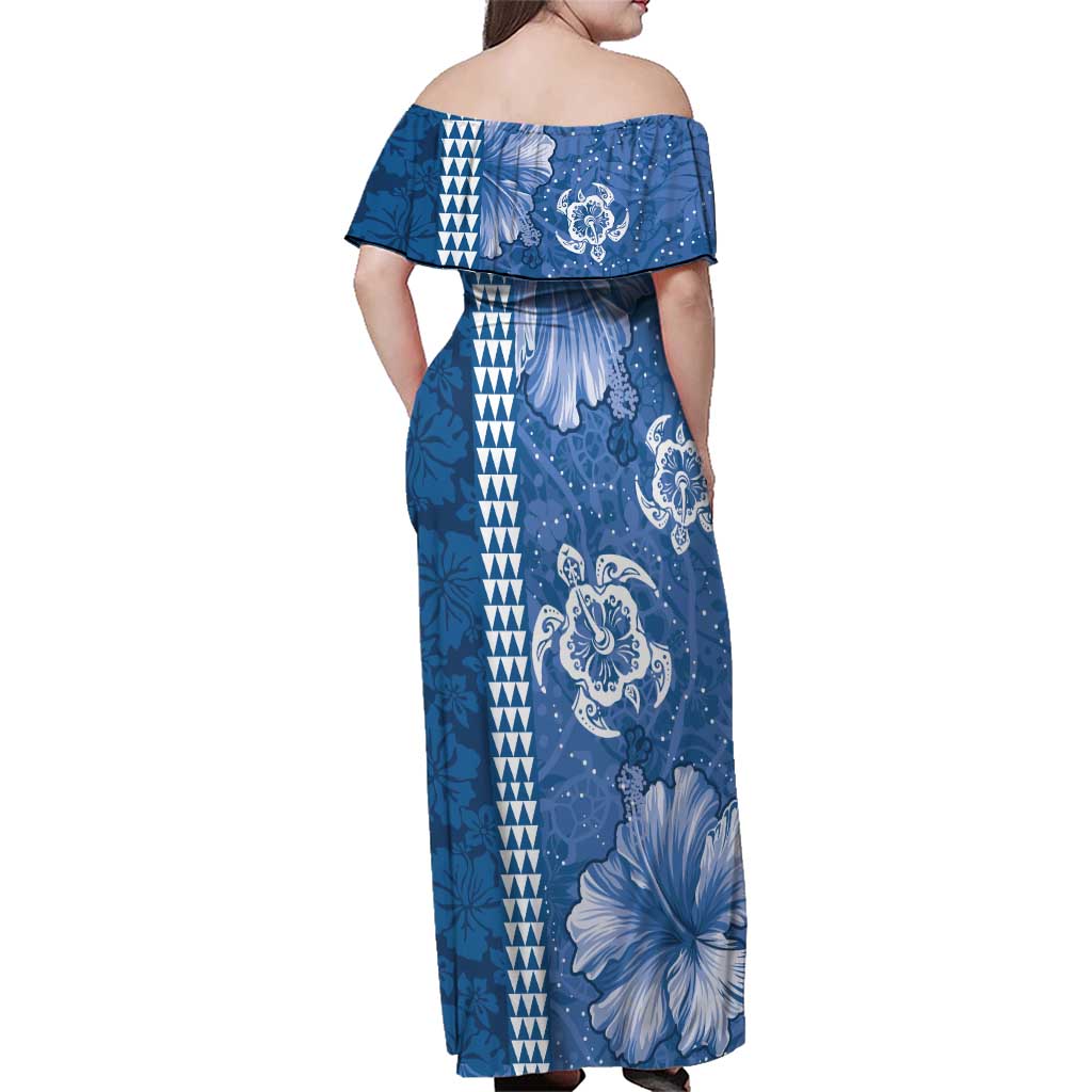 Blue Hibiscus Turle Family Matching Off Shoulder Maxi Dress and Hawaiian Shirt Hawaiian Style Tribal Tapa Pattern
