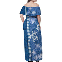 Blue Hibiscus Turle Family Matching Off Shoulder Maxi Dress and Hawaiian Shirt Hawaiian Style Tribal Tapa Pattern