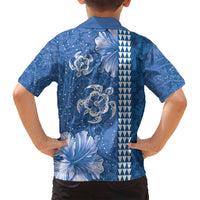 Blue Hibiscus Turle Family Matching Off Shoulder Short Dress and Hawaiian Shirt Hawaiian Style Tribal Tapa Pattern