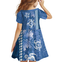 Blue Hibiscus Turle Family Matching Off Shoulder Short Dress and Hawaiian Shirt Hawaiian Style Tribal Tapa Pattern