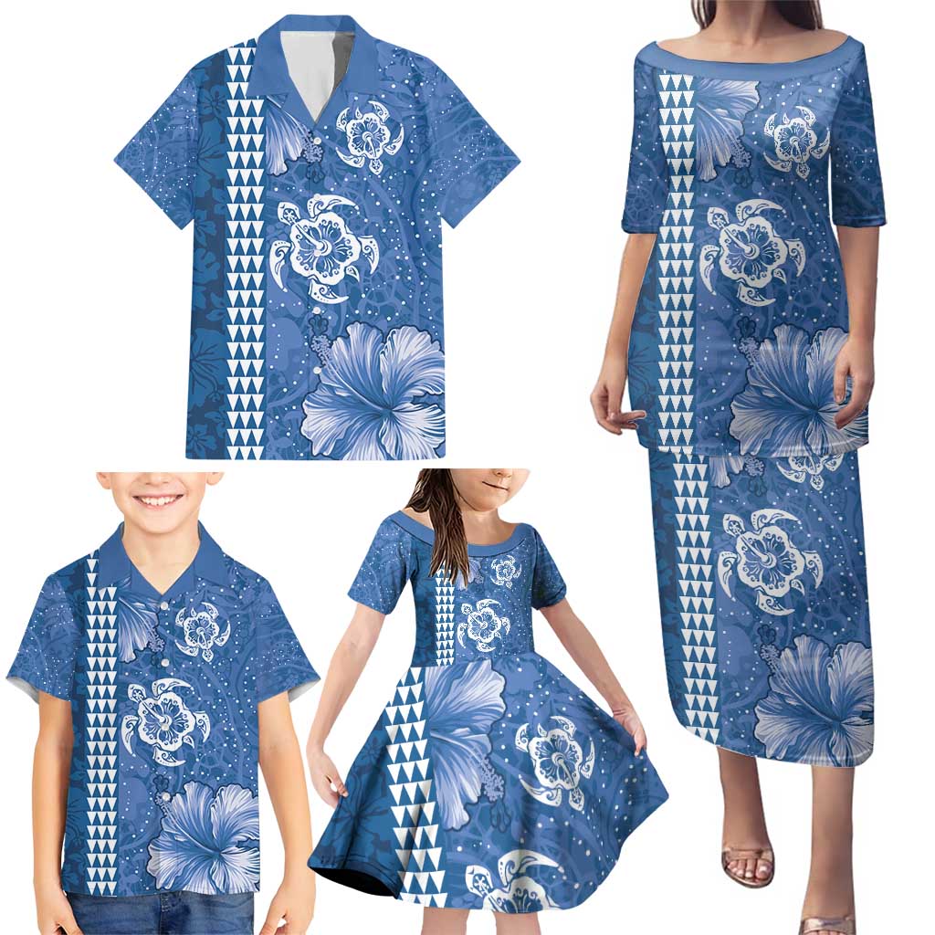Blue Hibiscus Turle Family Matching Puletasi and Hawaiian Shirt Hawaiian Style Tribal Tapa Pattern