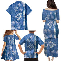 Blue Hibiscus Turle Family Matching Puletasi and Hawaiian Shirt Hawaiian Style Tribal Tapa Pattern