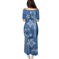 Blue Hibiscus Turle Family Matching Puletasi and Hawaiian Shirt Hawaiian Style Tribal Tapa Pattern
