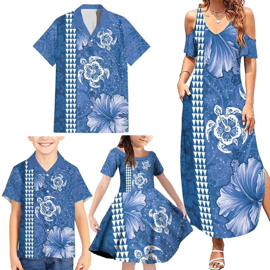 Blue Hibiscus Turle Family Matching Summer Maxi Dress and Hawaiian Shirt Hawaiian Style Tribal Tapa Pattern
