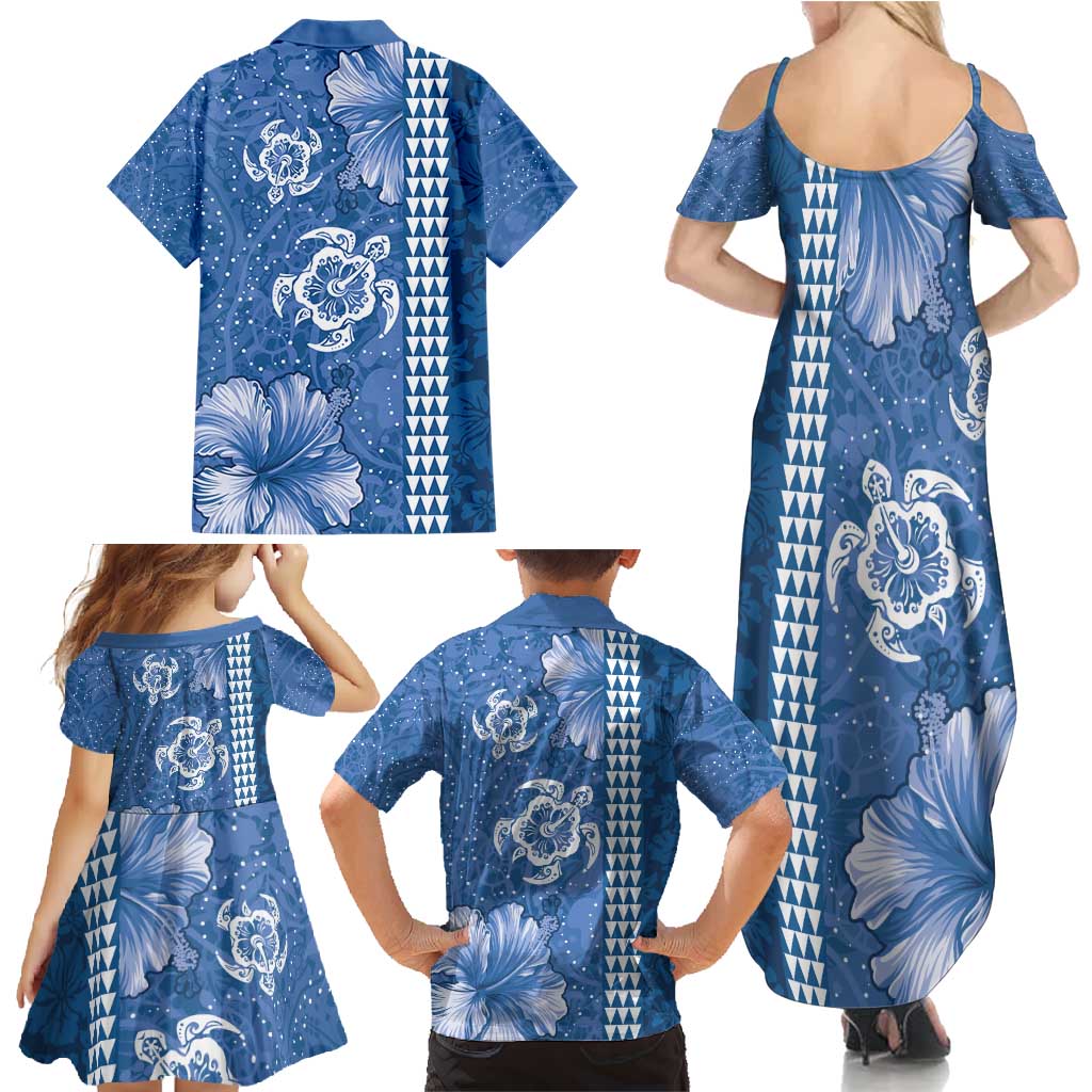 Blue Hibiscus Turle Family Matching Summer Maxi Dress and Hawaiian Shirt Hawaiian Style Tribal Tapa Pattern