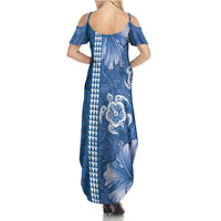 Blue Hibiscus Turle Family Matching Summer Maxi Dress and Hawaiian Shirt Hawaiian Style Tribal Tapa Pattern