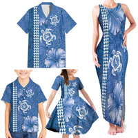Blue Hibiscus Turle Family Matching Tank Maxi Dress and Hawaiian Shirt Hawaiian Style Tribal Tapa Pattern