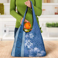 Blue Hibiscus Turle Grocery Bag Hawaiian Style Tribal Tapa Pattern