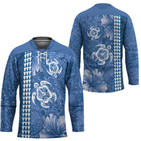Blue Hibiscus Turle Hockey Jersey Hawaiian Style Tribal Tapa Pattern - Polynesian Pride