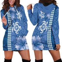 Blue Hibiscus Turle Hoodie Dress Hawaiian Style Tribal Tapa Pattern