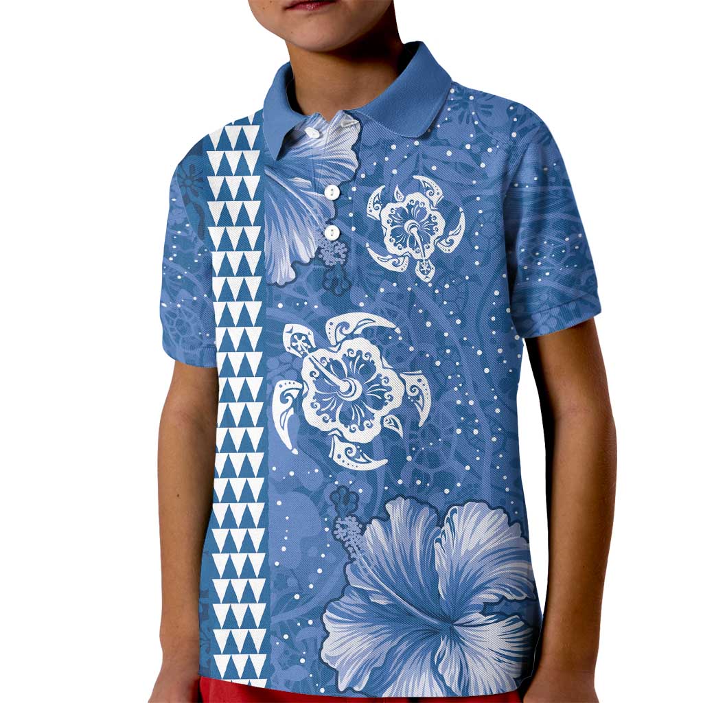 Blue Hibiscus Turle Kid Polo Shirt Hawaiian Style Tribal Tapa Pattern