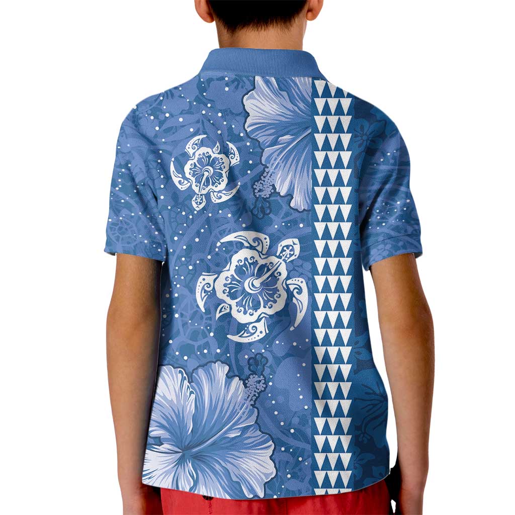 Blue Hibiscus Turle Kid Polo Shirt Hawaiian Style Tribal Tapa Pattern